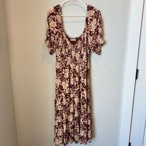 Abercrombie & Fitch Brown Floral Smocked Tiered Puff Sleeve Midi Dress - Size XL